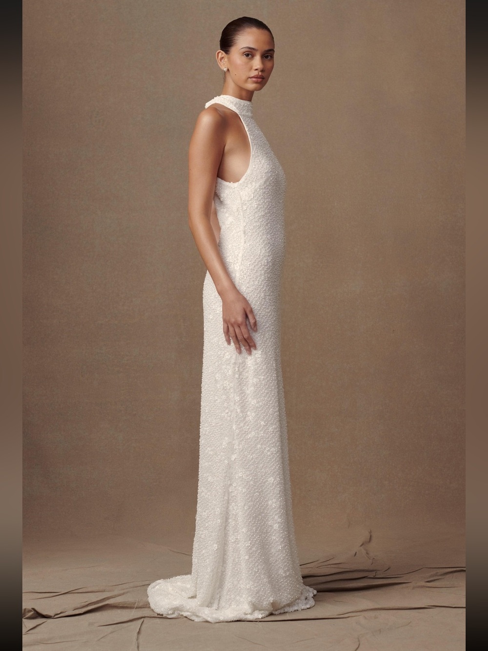 Meshki White Dress - stunning details and flower beading, train and open back